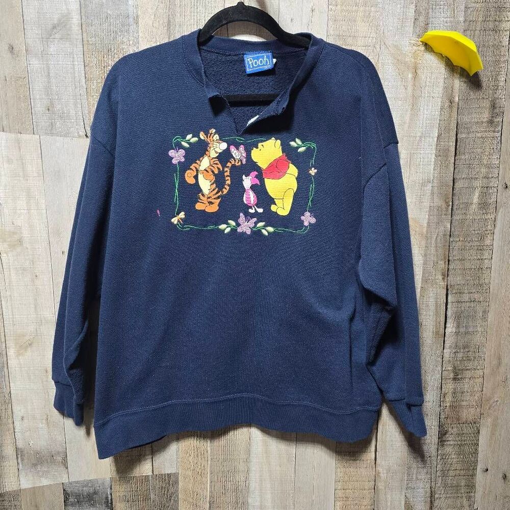 Disney Winnie The Pooh Vintage Y2K Navy Embroidered Graphic Sweatshirt L/XL